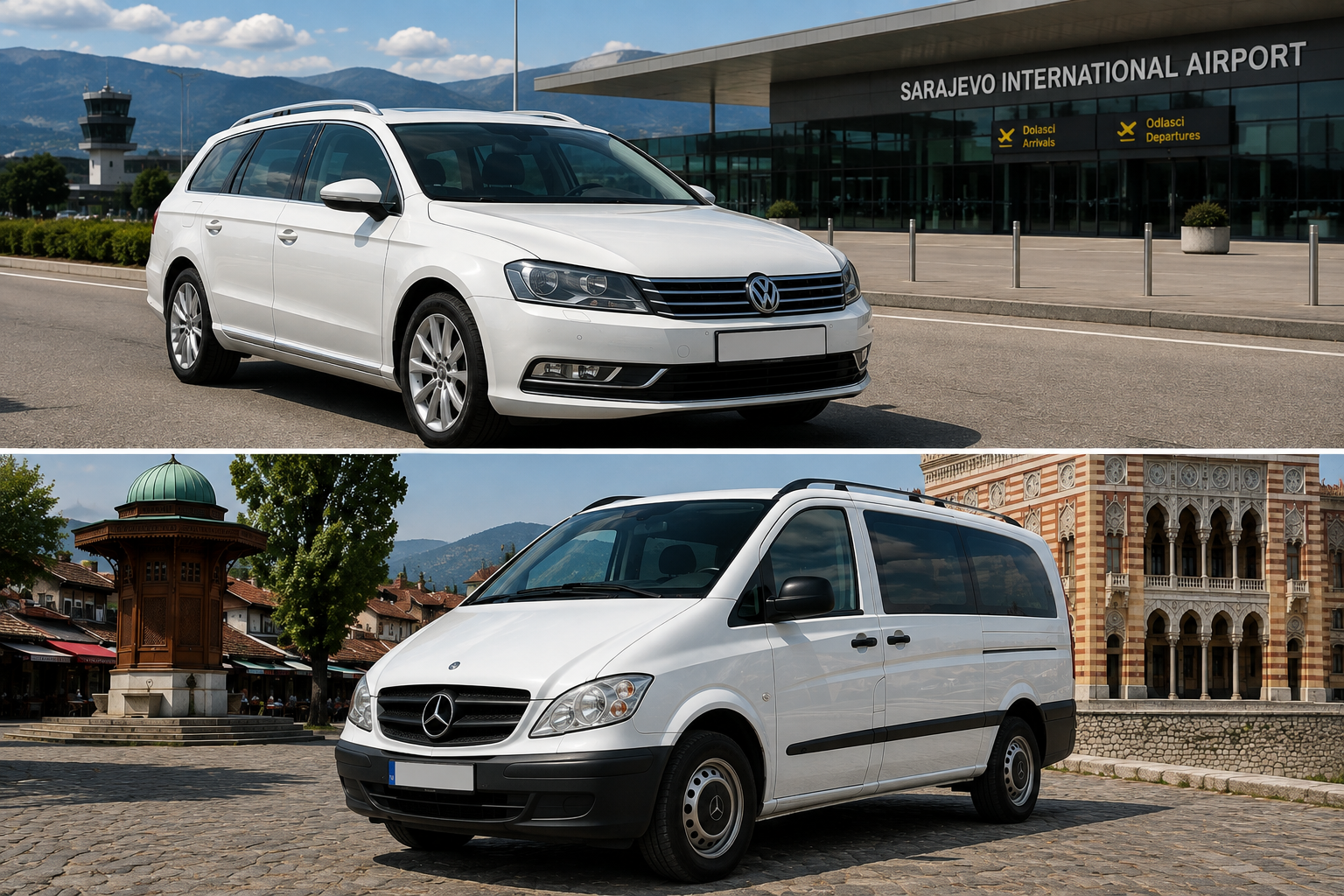 Heart of Bosnia fleet — white VW station wagon at Sarajevo Airport and white Mercedes van in Baščaršija